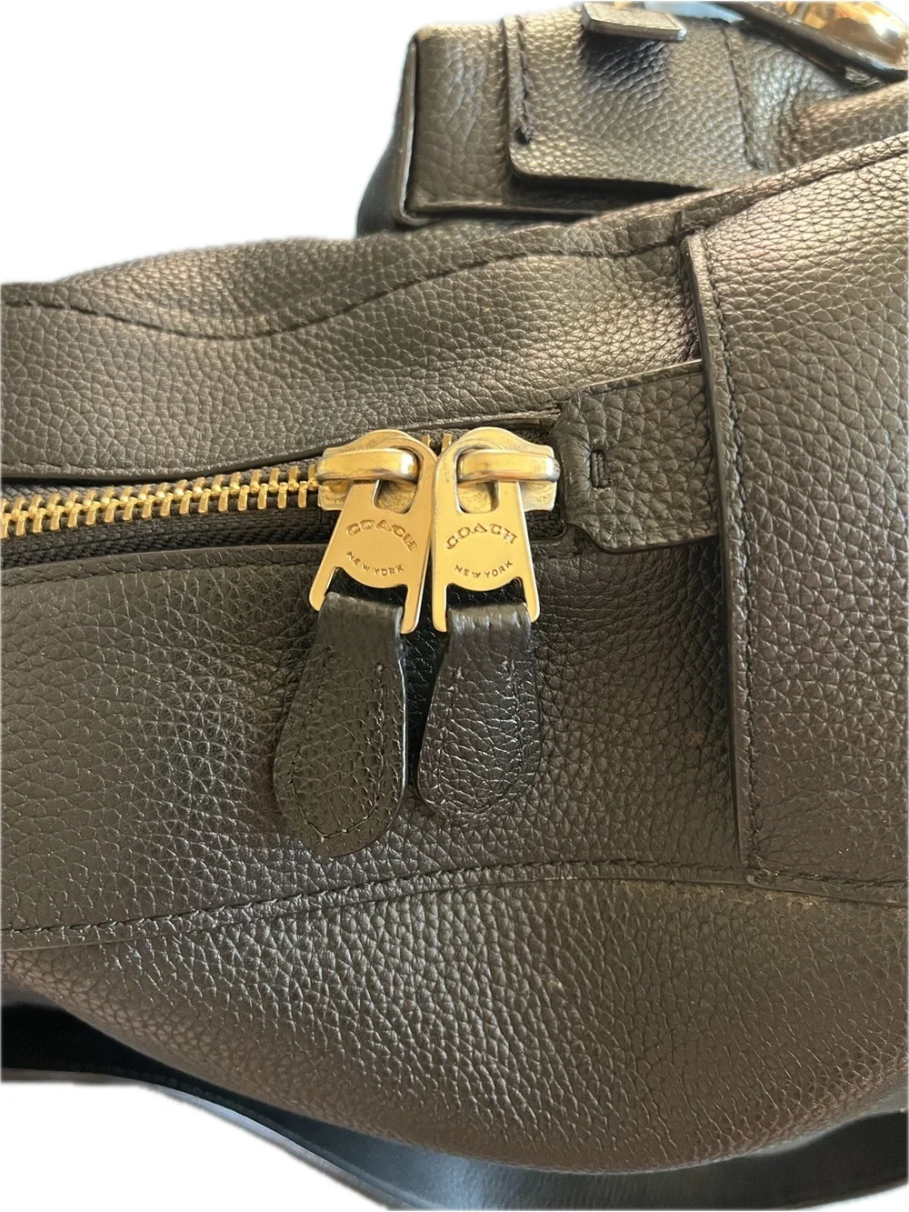 Coach Black Leather Backpack with Gold-Tone Zipper